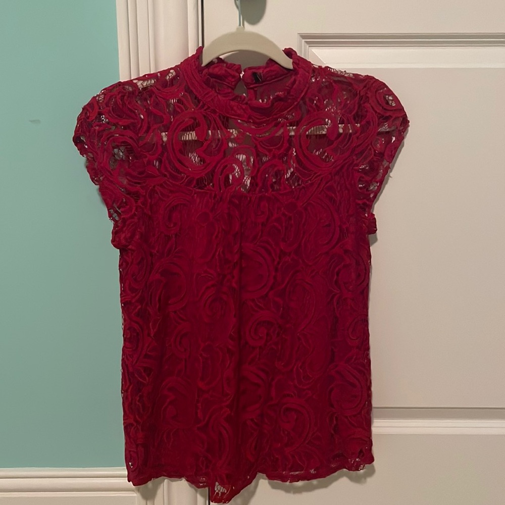 Lacy High Neck Red Top